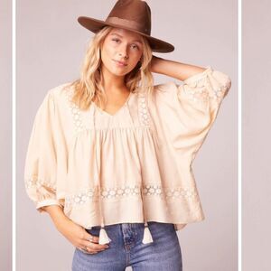 B.O.G Collective Fawn Beige Boho Lace Trim Flowy Gypsy Victorian Blouse Lg NWT